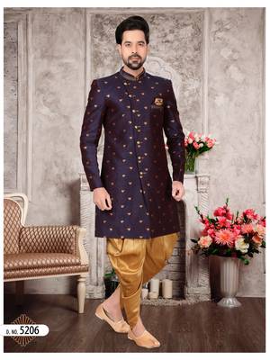 Nevy blue havy jackard with zari work & hand work mens indo western sherwani 1
