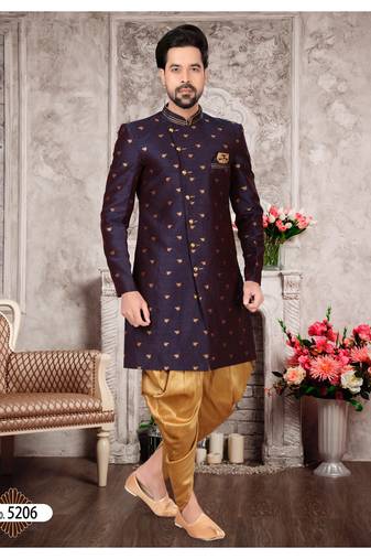 Nevy blue havy jackard with zari work & hand work mens indo western sherwani