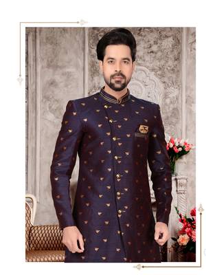 Nevy blue havy jackard with zari work & hand work mens indo western sherwani 2