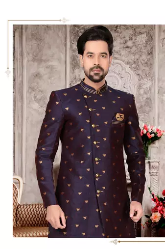 Nevy blue havy jackard with zari work & hand work mens indo western sherwani