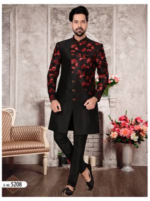 Black jackard digital printed silk mens indo western sherwani 1