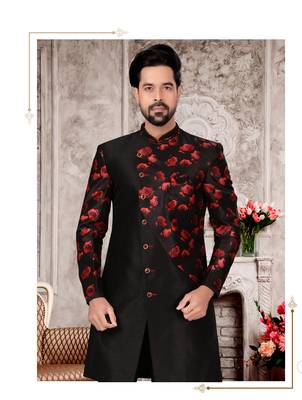 Black jackard digital printed silk mens indo western sherwani 2