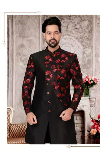Black jackard digital printed silk mens indo western sherwani