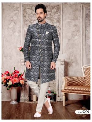 Mix colour jackard digital printed with hand work mens indo western sherwani 1