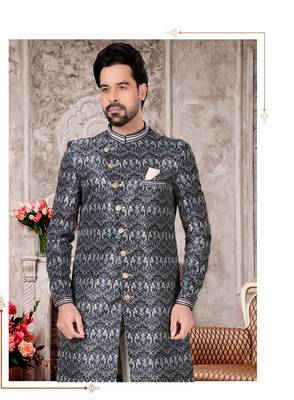Mix colour jackard digital printed with hand work mens indo western sherwani 2