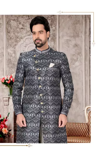 Mix colour jackard digital printed with hand work mens indo western sherwani