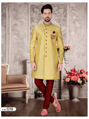 Yellow slub silk with hand work mens indo western sherwani 1