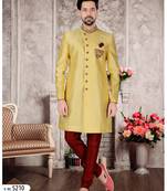 Yellow slub silk with hand work mens indo western sherwani