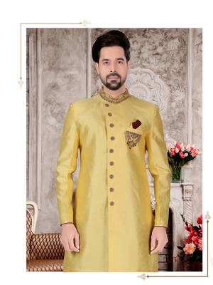 Yellow slub silk with hand work mens indo western sherwani 2
