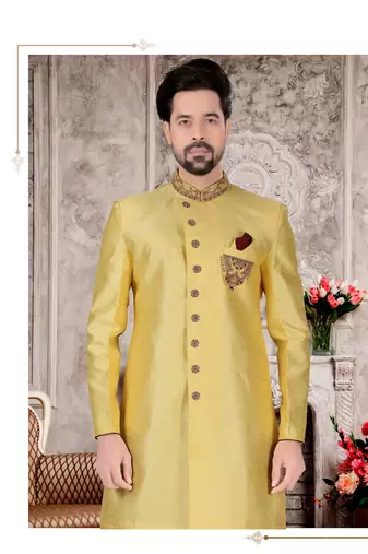 Yellow slub silk with hand work mens indo western sherwani