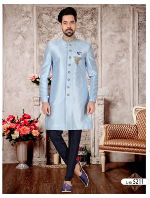 Sky blue slub silk with hand work mens indo western sherwani 1