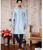 Sky blue slub silk with hand work mens indo western sherwani