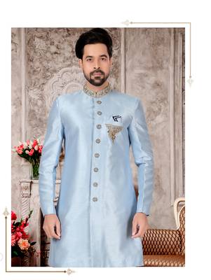 Sky blue slub silk with hand work mens indo western sherwani 2