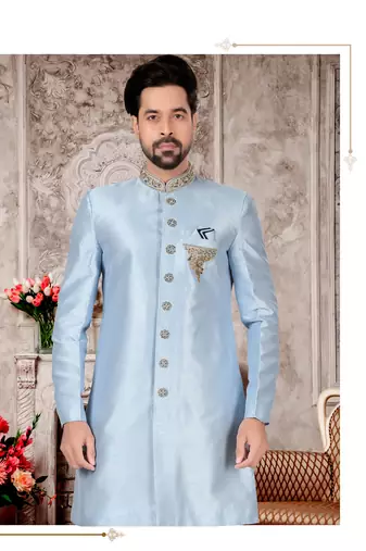 Sky blue slub silk with hand work mens indo western sherwani