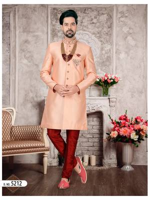 Peach slub silk with hand work mens indo western sherwani 1