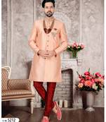 Peach slub silk with hand work mens indo western sherwani
