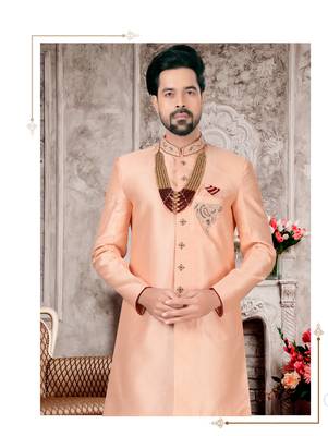 Peach slub silk with hand work mens indo western sherwani 2