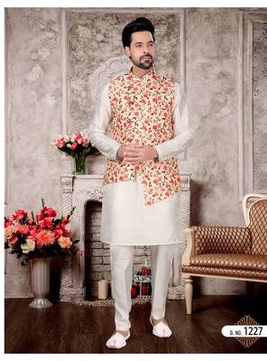 Silk doupin white mens kurtas churidar & jacket set 1