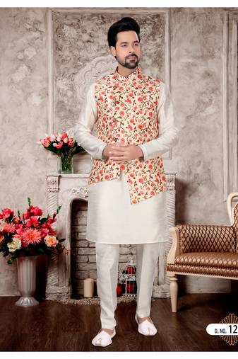 Silk doupin white mens kurtas churidar & jacket set