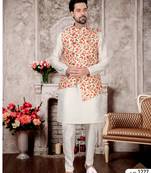 Silk doupin white mens kurtas churidar & jacket set