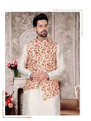 Silk doupin white mens kurtas churidar & jacket set 2