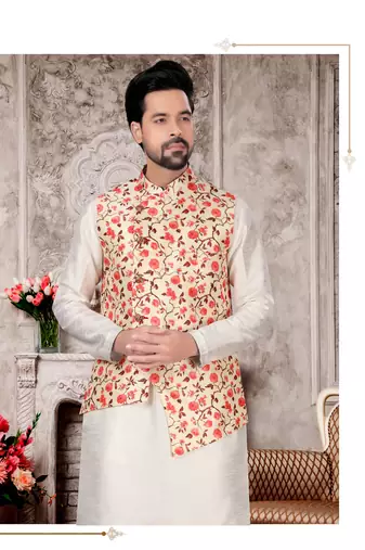 Silk doupin white mens kurtas churidar & jacket set