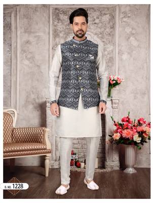 Silk doupin white mens kurtas churidar & jacket set 1