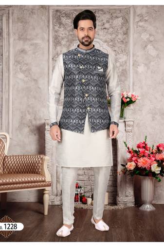 Silk doupin white mens kurtas churidar & jacket set