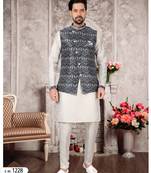 Silk doupin white mens kurtas churidar & jacket set