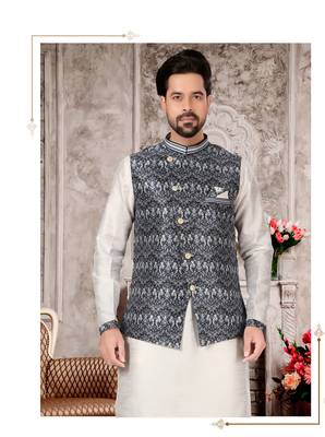 Silk doupin white mens kurtas churidar & jacket set 2