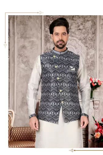 Silk doupin white mens kurtas churidar & jacket set