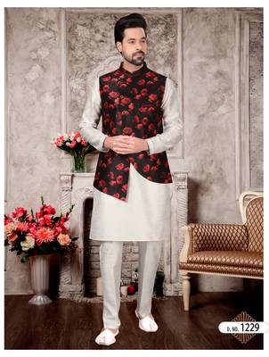 Silk doupin white mens kurtas churidar & jacket set 1