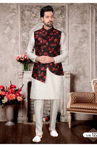 Silk doupin white mens kurtas churidar & jacket set