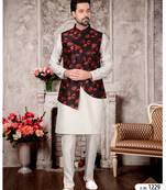 Silk doupin white mens kurtas churidar & jacket set