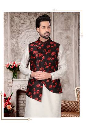 Silk doupin white mens kurtas churidar & jacket set 2