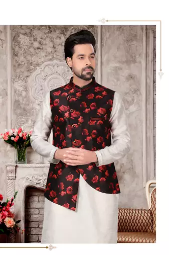 Silk doupin white mens kurtas churidar & jacket set