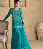 Blue embroidered secquins chinon silk palazzo Full Stitched Suit