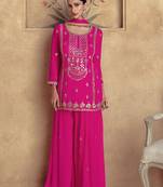 Pink embroidered secquins chinon silk palazzo straight Full Stitched Suit