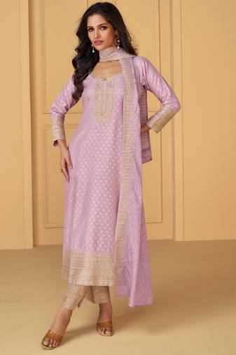 Lavender embroidered, secquins jacquard silk pant straight Full Stitched Suit