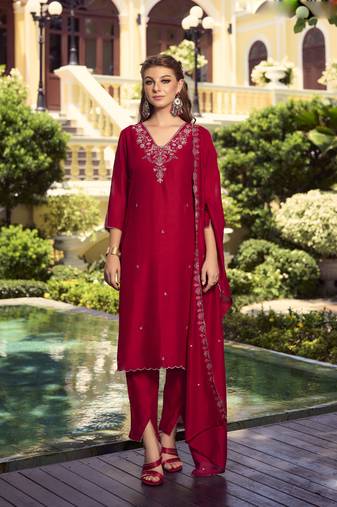 Maroon embroidered, handwork shimmer vichitra pant straight Full Stitched Suit
