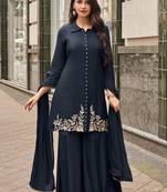 Blue embroidered secquins silk palazzo straight Full Stitched Suit
