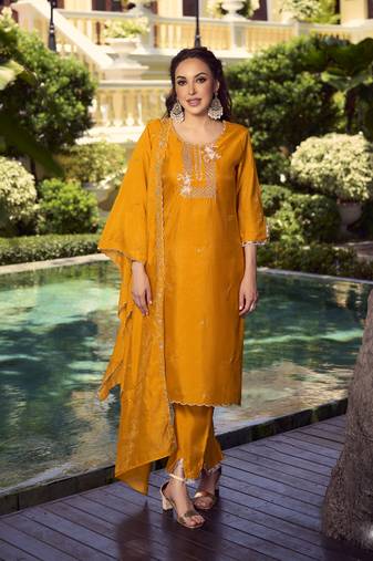 Mustard embroidered, handwork shimmer vichitra pant straight Full Stitched Suit