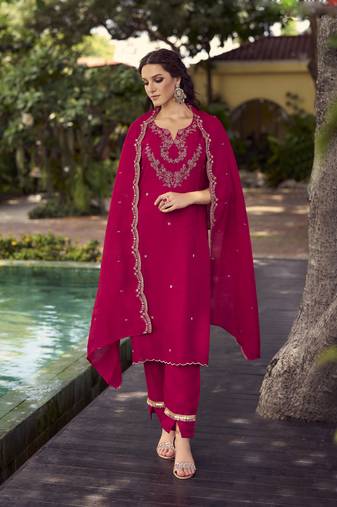 Pink embroidered, handwork shimmer vichitra pant straight Full Stitched Suit