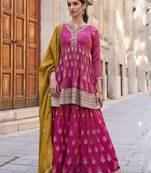 Pink embroidered secquins shimmer palazoo anarkali Full Stitched Suit