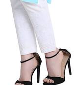 Lucknowi embroidered lycra cotton white stretchable pant for women with side pocket