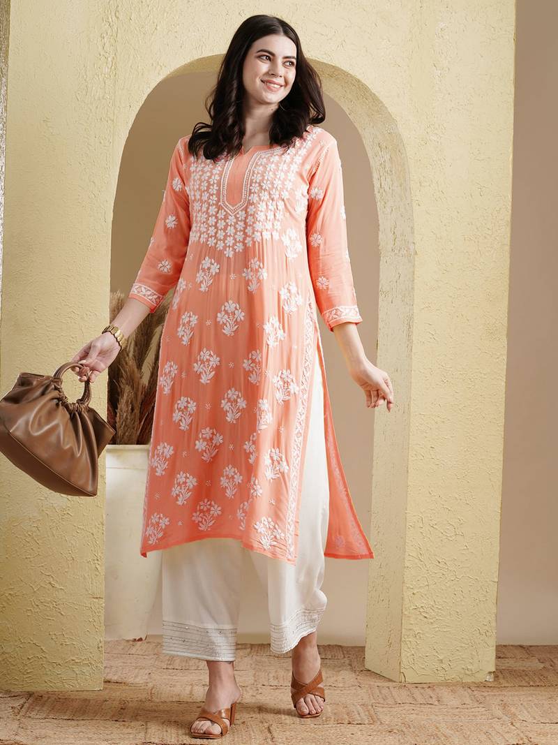 Ada Hand Embroidered Peach Modal Lucknowi Chikankari Indian Women Straight Kurta - A411533