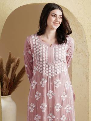 Ada Hand Embroidered Dusty Pink Modal Lucknowi Chikankari Women Indian Straight Kurta - A411535 6