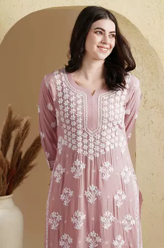 Ada Hand Embroidered Dusty Pink Modal Lucknowi Chikankari Women Indian Straight Kurta - A411535