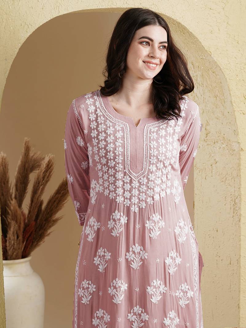 Ada Hand Embroidered Dusty Pink Modal Lucknowi Chikankari Women Indian Straight Kurta - A411535