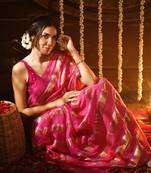 Fusain pink golden zari stripped mul cotton saree